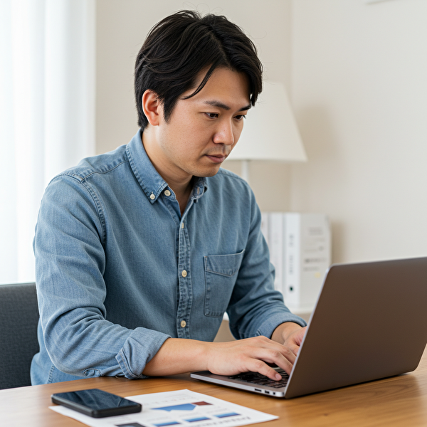 ループイフダンの基本的な仕組みを学ぶ日本人男性。初心者でも理解しやすい解説を提供しています。